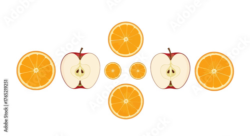 Vibrant arrangement of fresh apple halves and juicy orange slices creates a visually appealing, healthy food composition perfect for nutritional content and culinary themes.