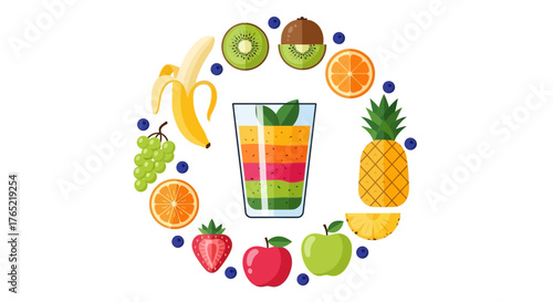 Vibrant layered smoothie in glass surrounded by fresh tropical and berry fruits like pineapple, banana, kiwi, orange, strawberry, apple, and blueberries for healthy lifestyle