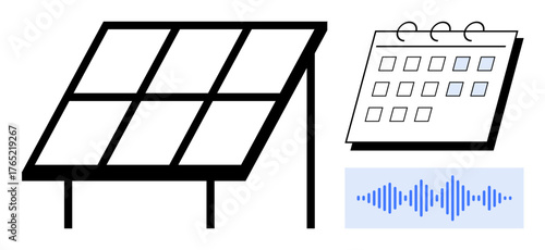 Solar panel, calendar showing days, and soundwave graphic convey sustainable energy planning, scheduling, and data analysis. Ideal for energy efficiency, calendar integration, resource management