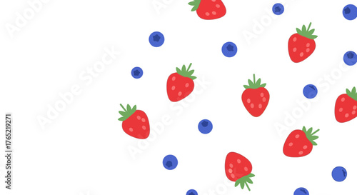 Vibrant strawberries and blueberries scattered across a clean canvas, perfect for summer designs, food packaging, and cheerful invitations.