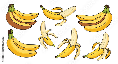 Vibrant collection of ripe and partially peeled bananas, perfect for healthy eating and tropical themes.