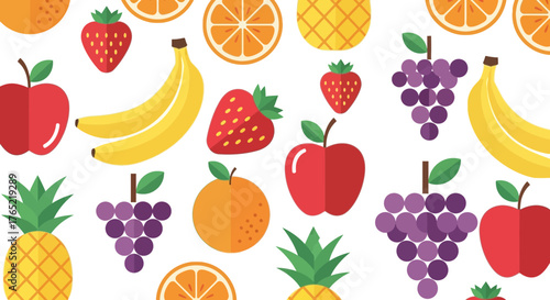 Vibrant collection of fresh, colorful fruits including apples, bananas, strawberries, grapes, oranges, and pineapples creating a joyful pattern