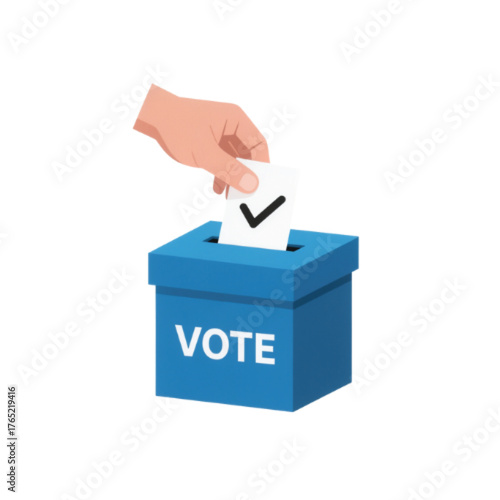 A hand placing a ballot with a checkmark into a blue vote box.