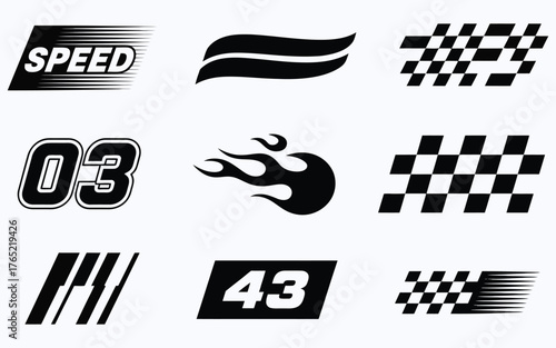 Set of racing sport elements including checkered flags, flames, and speed