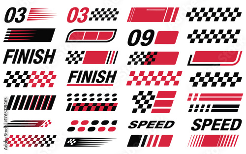 A collection of racing themed graphic elements and decals for vehicles