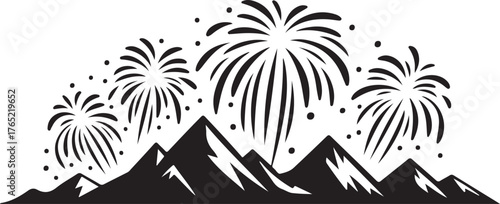Happy New Year Mountain Fireworks Silhouette Vector