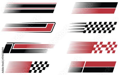 A collection of eight dynamic racing stripe graphics for vehicle decals