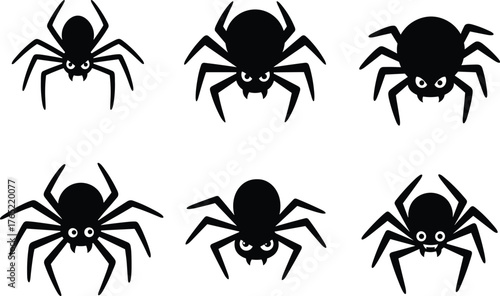 Cartoon spider silhouette, black insect icon, expressive bug design, funny spider graphic, Halloween theme art, creepy creature illustration, emotion face set, spooky character concept