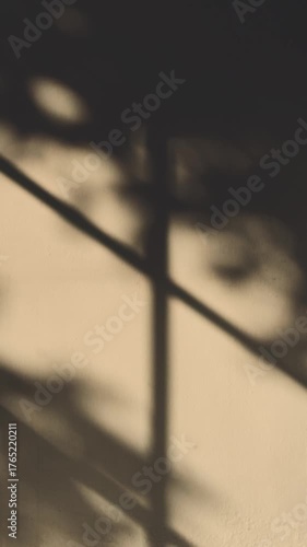 Sunlight shining through bushes and window, soft moving shadows on wall. Calm natural lighting vertical background for relaxation, interior design.