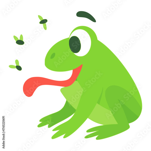 cute green frog trying to eat insect flat color vector illustration template design
