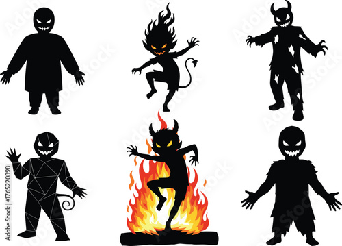 Demonic silhouettes, cartoon monsters, glowing eyes, Halloween spirits, spooky creatures, stylized horror, dark fantasy, eerie figures, supernatural beings, creepy costumes, haunted night