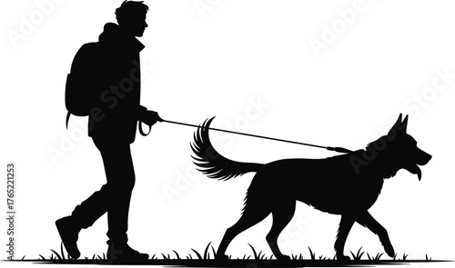 Dog walking silhouette, outdoor activity, human and pet bond, black and white art, grassy terrain, companionship theme, leash control, nature walk, peaceful moment, motion
