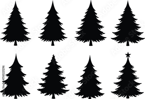 Evergreen tree silhouette, black pine illustration, stylized forest icon, Christmas tree design, symmetrical tree vector, nature graphic, holiday element, seasonal decoration, isolated shape