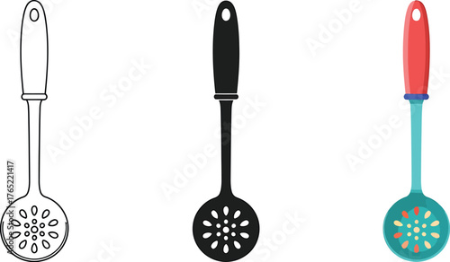 Slotted Spoon Illustration Set Kitchen Utensil Icon in Various Styles