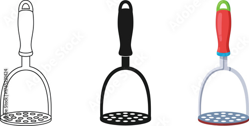 Three illustrations of a potato masher kitchen utensil design variations