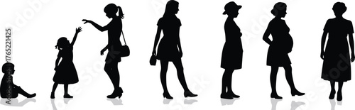 Female life stages, silhouette illustration, age progression, childhood to elderly, woman growth, black shapes, timeline concept, development phases, generational change, anatomy, identity
