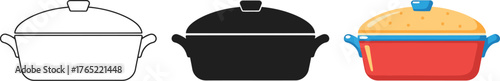 Vector illustration of a casserole dish with a lid in three styles