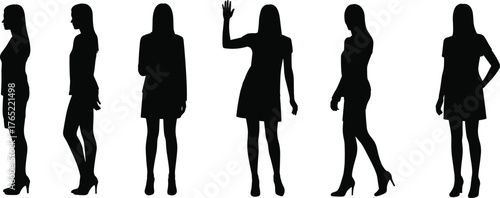 Female silhouette, standing poses, fashion gesture, black shapes, body language, high heels, short dress, character design, posture study, white background, elegance, style, movement