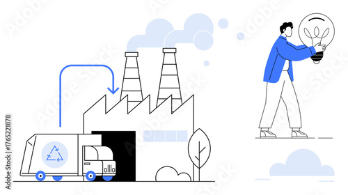 Factory with chimney emitting clouds, recycling truck unloading waste, man holding light bulb with plant. Ideal for sustainability, recycling, energy efficiency, eco-industry, environmental