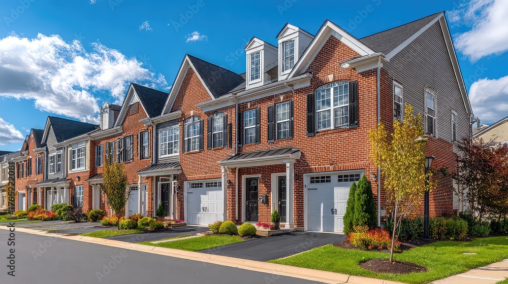 Fototapeta premium Modern Townhouses with Brick Facades and Lush Landscaping Under Clear Blue Sky