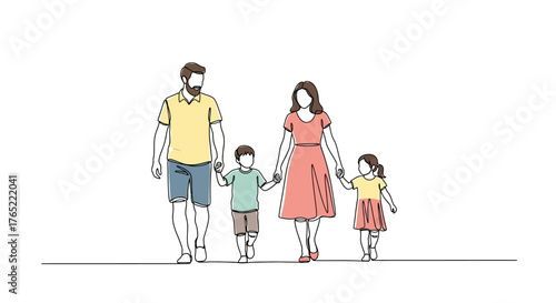 Continuous Line Art Family Walking with Color Accents | Modern Unity Illustration