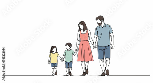 Continuous Line Art Family Walking with Color Accents | Modern Unity Illustration