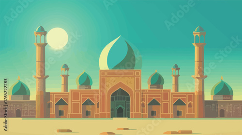 Central Asia background with traditional patterns and landscape elements