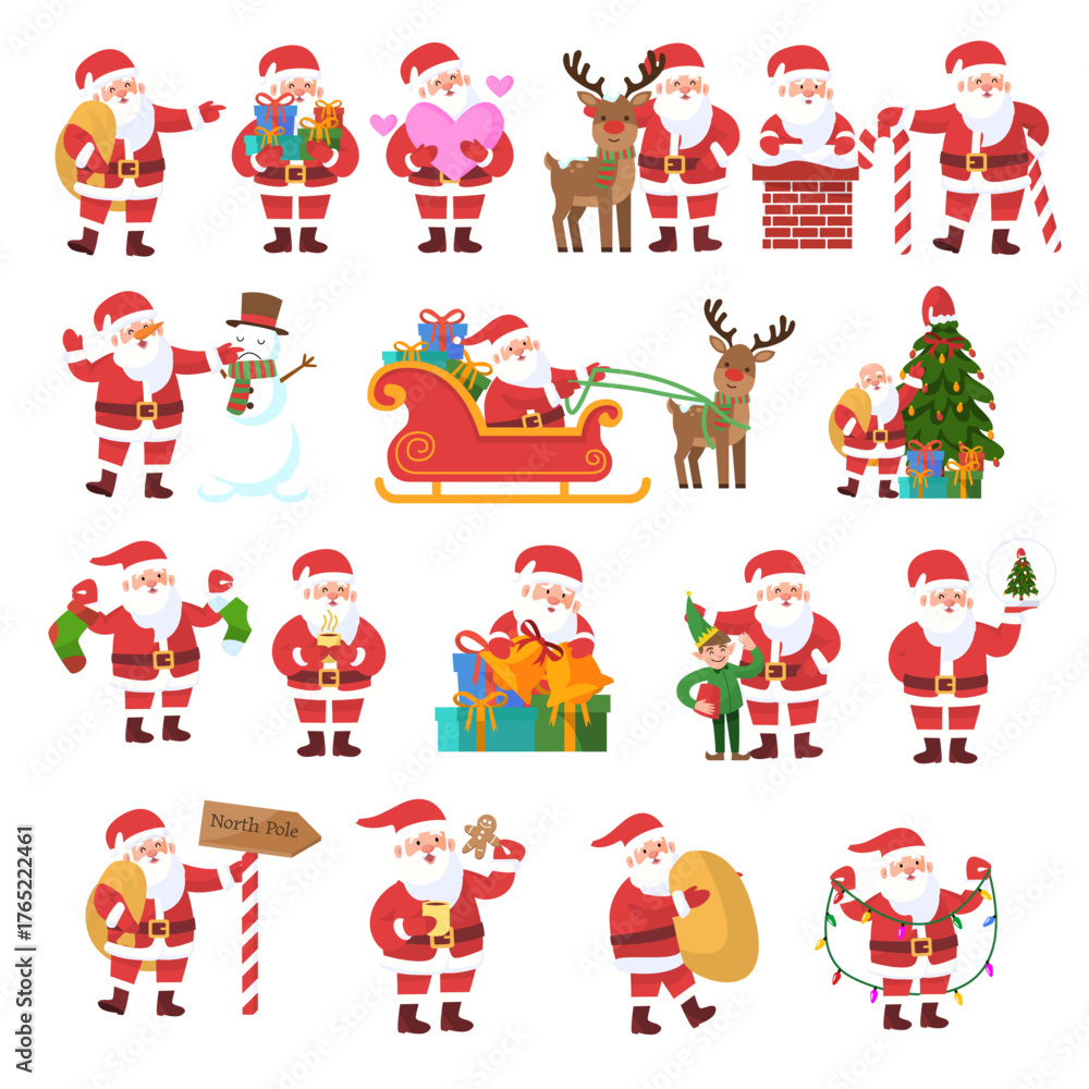 Naklejka premium A big set of Santa Claus illustrations featuring Santa in various festive poses with gifts, candy canes, stockings, Christmas tree, and elf, designed in a colorful cartoon style on a white backgroun