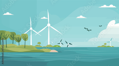 Clean flat design wind turbine — renewable energy vector illustration