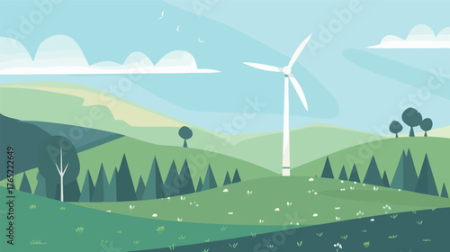 Clean flat design wind turbine — renewable energy vector illustration