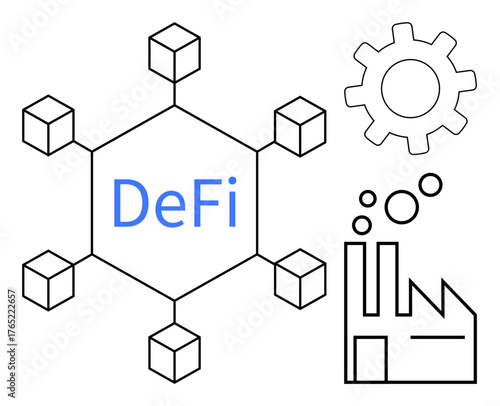 Decentralized finance network represented by blockchain nodes, gear symbolizing functionality, and factory for industry. Ideal for finance, blockchain, innovation, technology, industry, efficiency