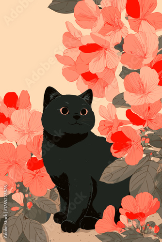 Elegant Black Cat and Red Flowers, Korean Modern Folk Art Poster