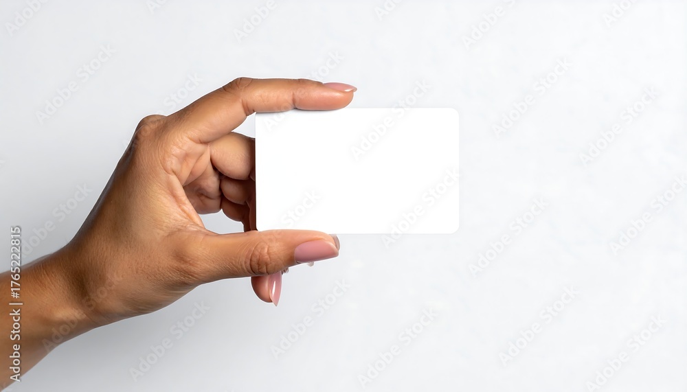 Fototapeta premium A hand presenting a blank rectangular card against a white background
