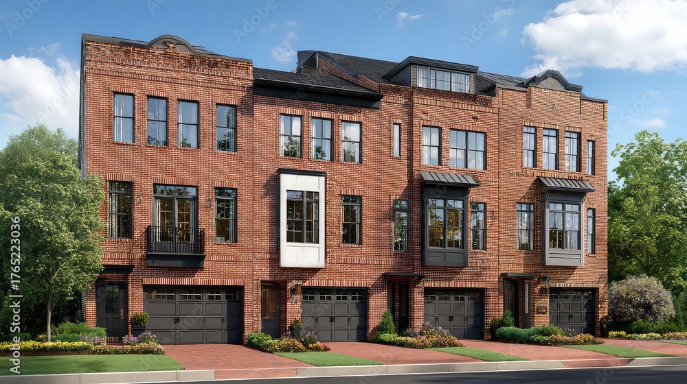 Fototapeta premium Charming Modern Townhouse Facade with Brick Exterior and Lush Landscaping on a Sunny Day