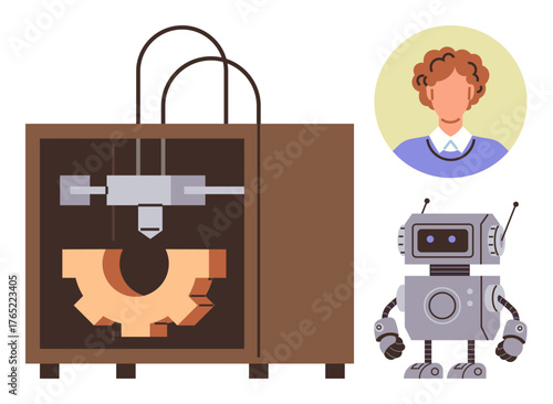 3D printer crafting gear component, humanoid robot beside engineer portrait. Ideal for innovation, engineering, technology, robotics, manufacturing, STEM concepts and teamwork. Simple flat metaphor