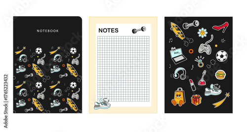 A set of templates for notebook design - Cover, checkered sheet, stickers on the topic of a teenager's lifestyle. Doodle style, vector graphics.
