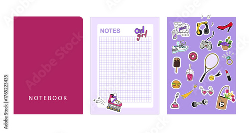 A set of templates for notebook design - Cover, checkered sheet, stickers on the topic of a teenager's lifestyle. Doodle style, vector graphics.
