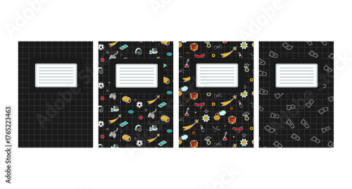 A set of covers for notebooks and copybook on a black background in doodle style. Vector graphics.