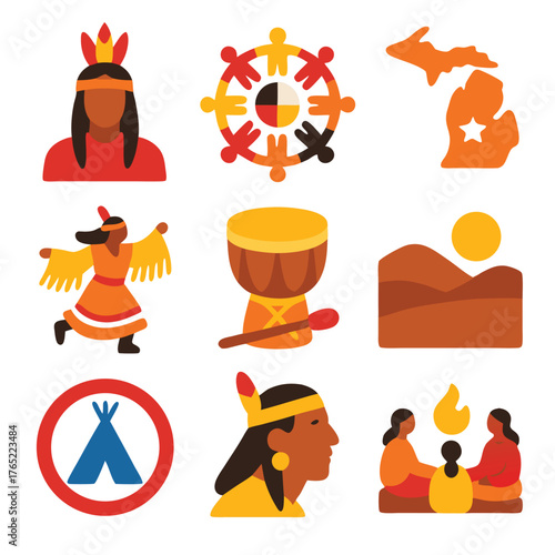 Michigan indian day celebration with tipis, drums, and indigenous people. Perfect for diverse cultural events and educational materials.