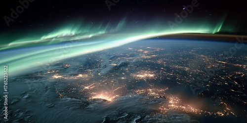 Aurora swirling around the curved horizon of Earth, with bright city lights visible on the surface, captured from low Earth orbit.