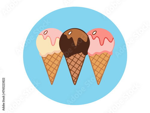 A waffle cone overflows with three scoops of ice cream: strawberry, chocolate, and vanilla. The vibrant colors pop against a pastel blue icon background
