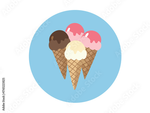 A waffle cone overflows with three scoops of ice cream: strawberry, chocolate, and vanilla. The vibrant colors pop against a pastel blue icon background
