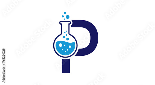 Chemistry flask with bubbles and letter P logo.