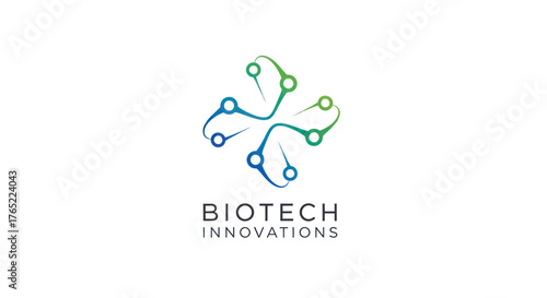 Abstract biotechnology logo with interconnected molecular structure design.