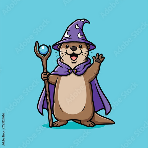 Cute cartoon otter in wizard attire, suitable for childrens book illustrations, magicalthemed designs, fantasy storytelling, and adorable graphic content.