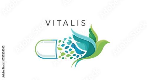 Vitalis Logo Featuring a Pill Transforming into a Bird, Symbolizing Health and Freedom.