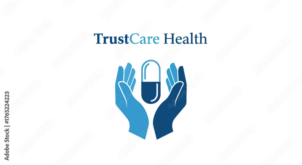 Fototapeta premium TrustCare Health Logo with Hands Holding a Pill.