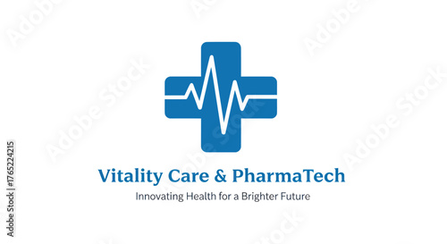 Vitality Care  PharmaTech Logo with Blue Cross and Heartbeat Line.