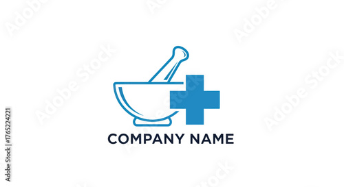 Mortar and Pestle with Blue Medical Cross Logo.