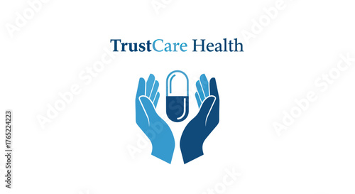 TrustCare Health Logo with Hands Holding a Pill.